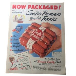 1947 Vintage Swift's Premium Tender Franks Vintage Ad